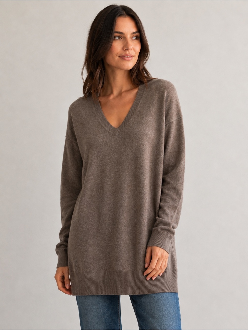 Vince Weekend V-Neck Tunic Sweater 100% Cashmere Taupe Brown Size S